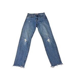 Levis Premium Big E Wedgie Straight Jeans Blue Distressed Raw Hem Womens 24X27